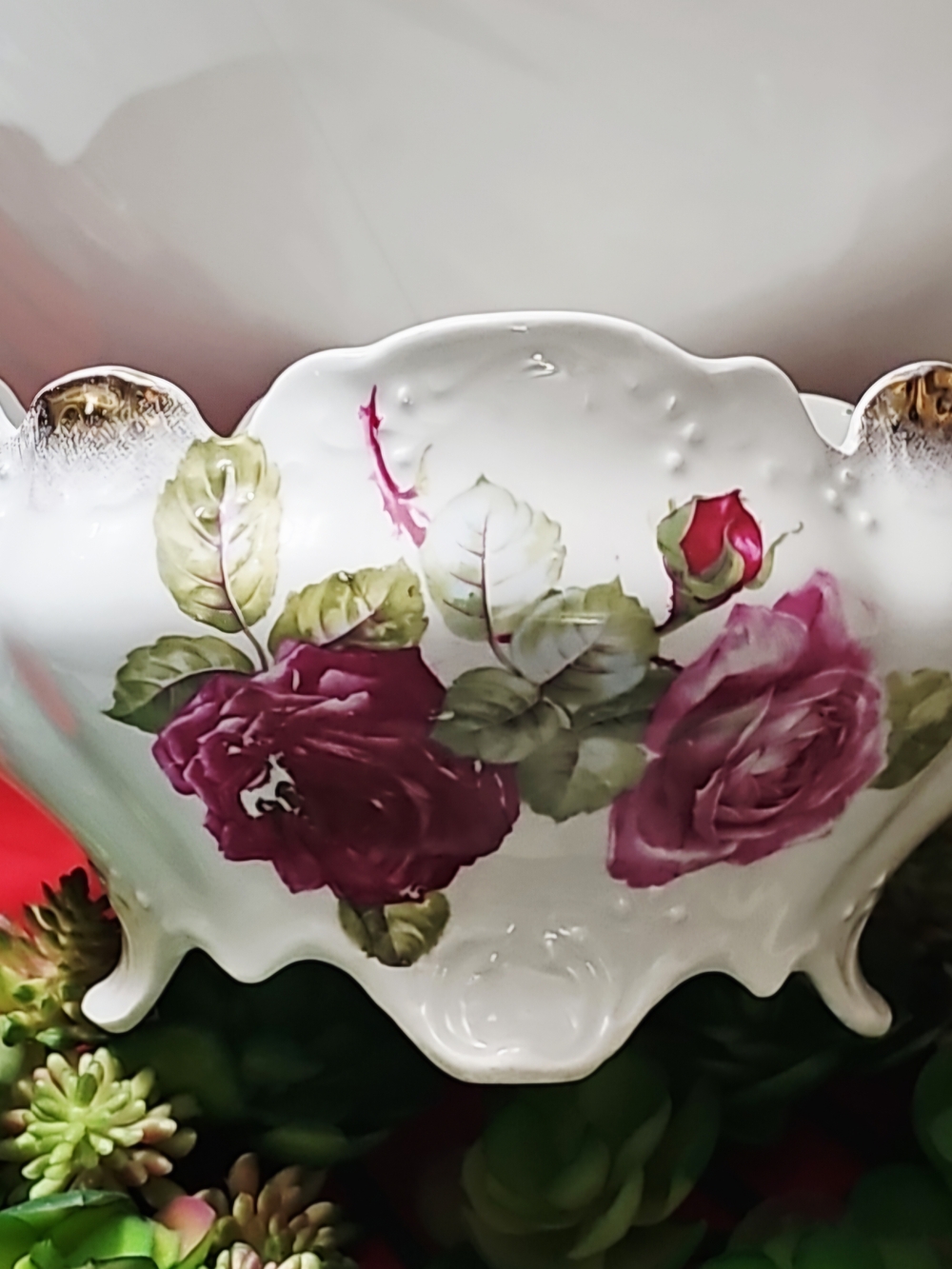 Vintage Large White Porcelain Rose-Painted Decorative Serving Footed Bowl